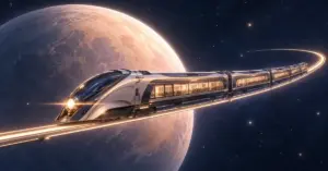 Futuristinen matkustajajuna kulkee hohtavalla radalla avaruudessa suuren persikansävyisen planeetan edustalla.