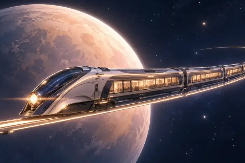 Futuristinen matkustajajuna kulkee hohtavalla radalla avaruudessa suuren persikansävyisen planeetan edustalla.