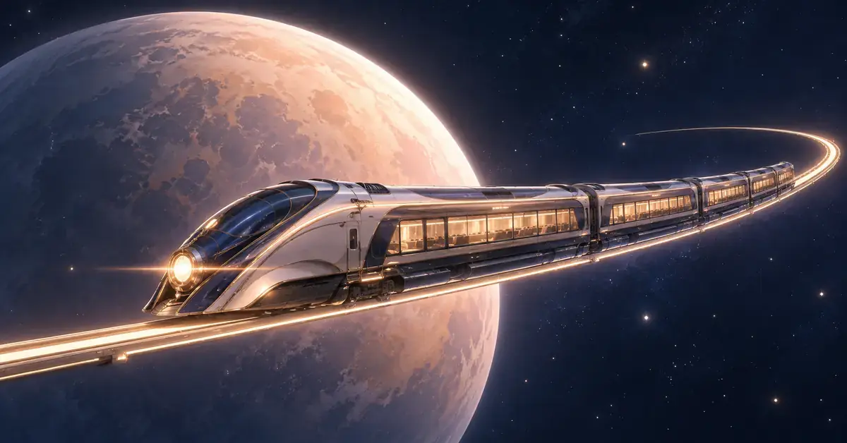 Futuristinen matkustajajuna kulkee hohtavalla radalla avaruudessa suuren persikansävyisen planeetan edustalla.